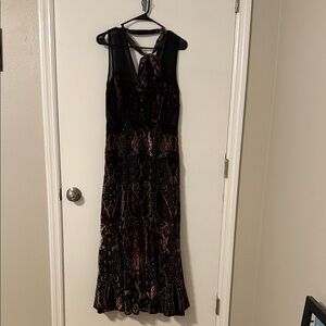 Free People Black & Brown Printed Hands To Hold Front Slit Velvet Maxi Dress
